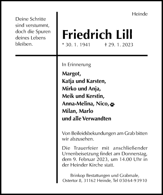 Traueranzeige von Friedrich Lill von Hildesheimer Allgemeine Zeitung