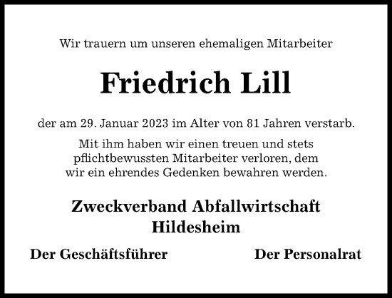 Traueranzeige von Friedrich Lill von Hildesheimer Allgemeine Zeitung