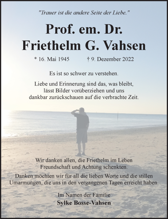 Traueranzeige von Friethelm G. Vahsen von Hildesheimer Allgemeine Zeitung