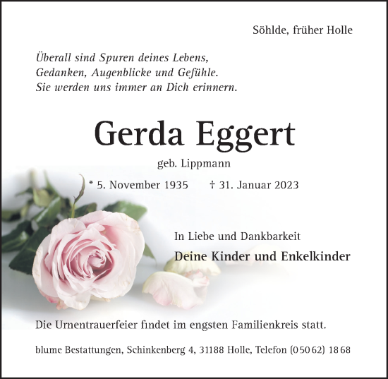 Traueranzeige von Gerda Eggert von Hildesheimer Allgemeine Zeitung