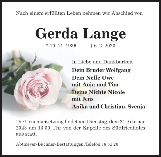 Traueranzeige von Gerda Lange von Hildesheimer Allgemeine Zeitung
