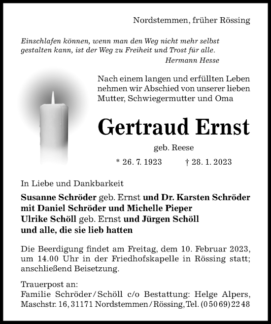 Traueranzeige von Gertraud Ernst von Hildesheimer Allgemeine Zeitung