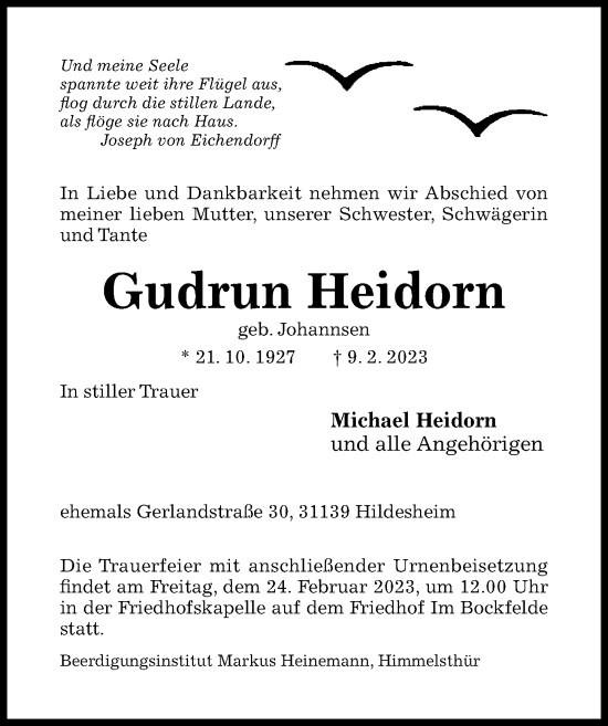Traueranzeige von Gudrun Heidorn von Hildesheimer Allgemeine Zeitung