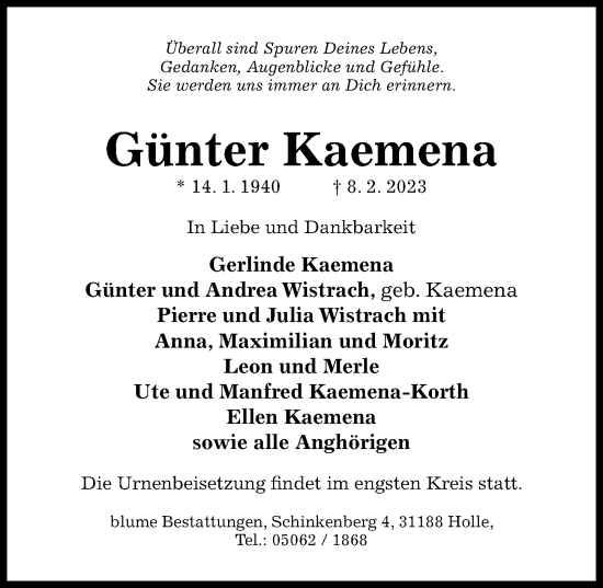 Traueranzeige von Günter Kaemena von Hildesheimer Allgemeine Zeitung