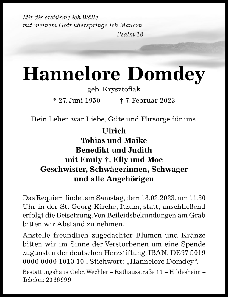  Traueranzeige für Hannelore Domdey vom 11.02.2023 aus Hildesheimer Allgemeine Zeitung