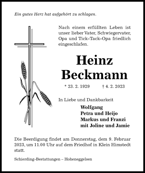 Traueranzeige von Heinz Beckmann von Hildesheimer Allgemeine Zeitung