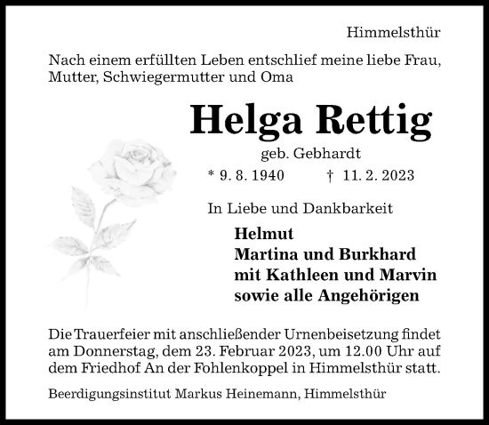 Traueranzeige von Helga Rettig von Hildesheimer Allgemeine Zeitung