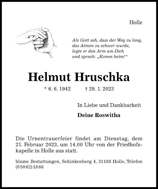 Traueranzeige von Helmut Hruschka von Hildesheimer Allgemeine Zeitung