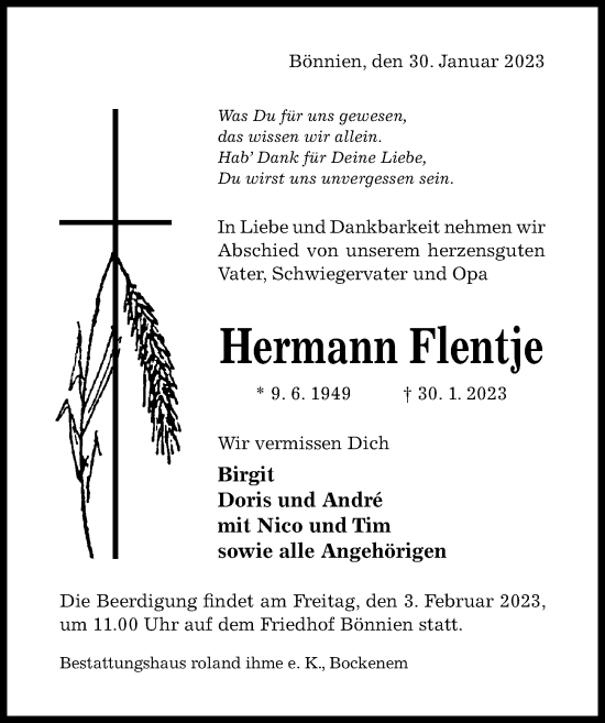 Traueranzeige von Hermann Flentje von Hildesheimer Allgemeine Zeitung