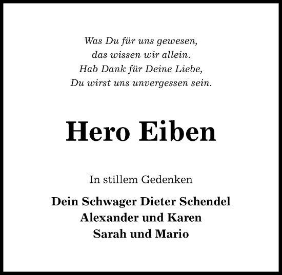 Traueranzeige von Hero Eiben von Hildesheimer Allgemeine Zeitung
