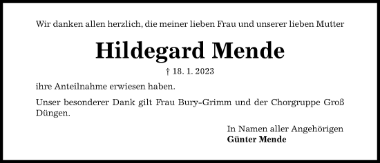 Traueranzeige von Hildegard Mende von Hildesheimer Allgemeine Zeitung