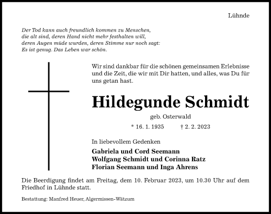 Traueranzeige von Hildegunde Schmidt von Hildesheimer Allgemeine Zeitung