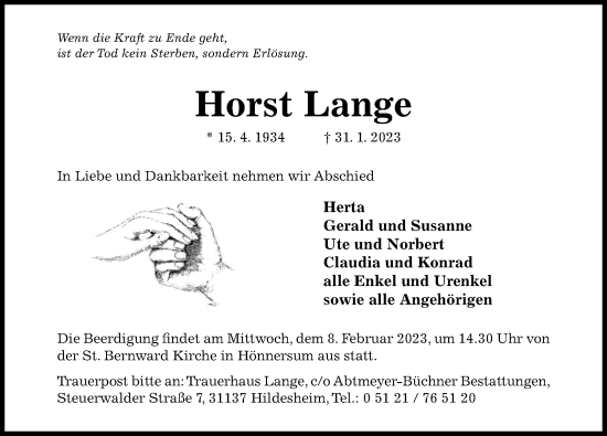 Traueranzeige von Horst Lange von Hildesheimer Allgemeine Zeitung