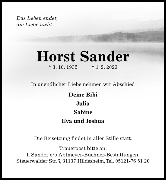 Traueranzeige von Horst Sander von Hildesheimer Allgemeine Zeitung