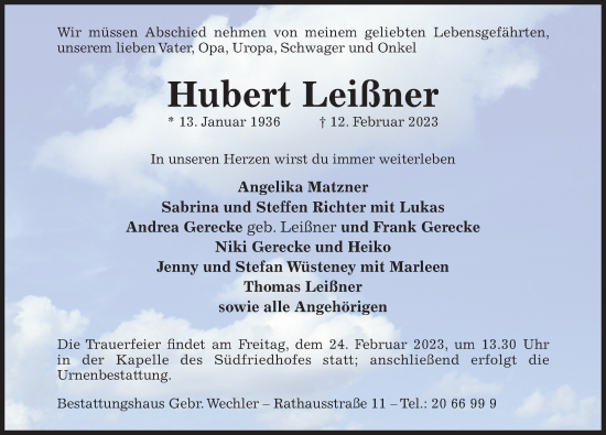 Traueranzeige von Hubert Leißner von Hildesheimer Allgemeine Zeitung