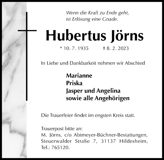 Traueranzeige von Hubertus Jörns von Hildesheimer Allgemeine Zeitung
