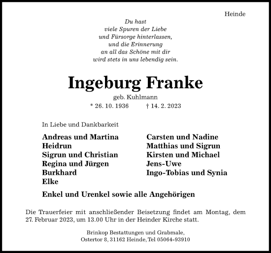 Traueranzeige von Ingeburg Franke von Hildesheimer Allgemeine Zeitung