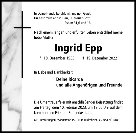 Traueranzeige von Ingrid Epp von Hildesheimer Allgemeine Zeitung