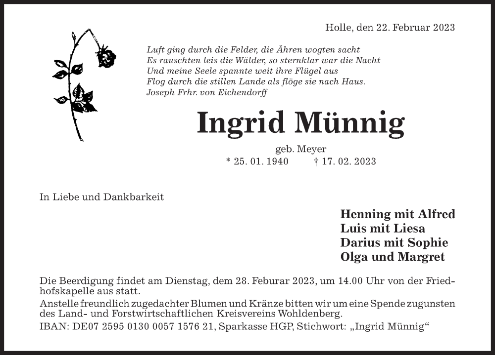  Traueranzeige für Ingrid Münnig vom 22.02.2023 aus Hildesheimer Allgemeine Zeitung