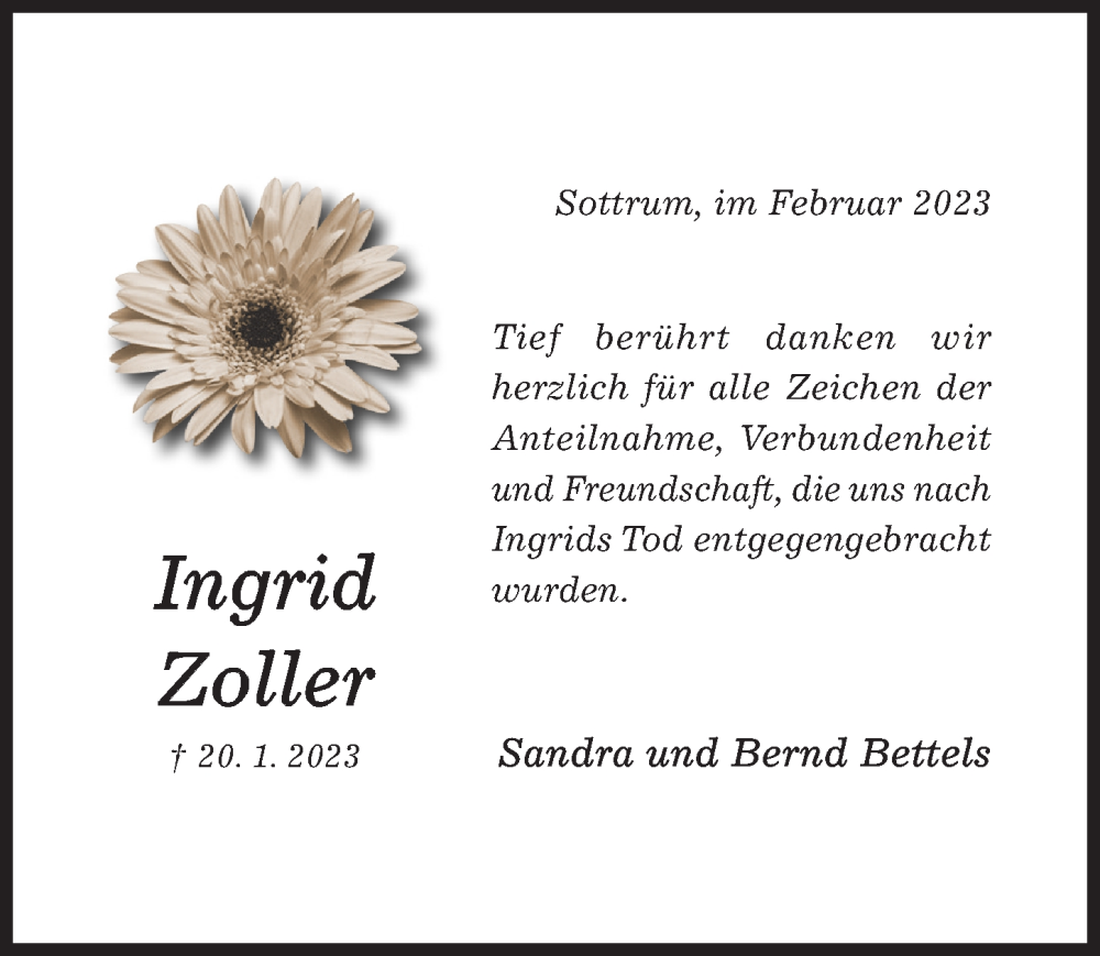  Traueranzeige für Ingrid Zoller vom 18.02.2023 aus Hildesheimer Allgemeine Zeitung