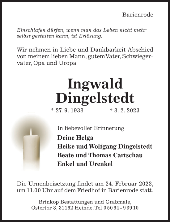 Traueranzeige von Ingwald Dingelstedt von Hildesheimer Allgemeine Zeitung