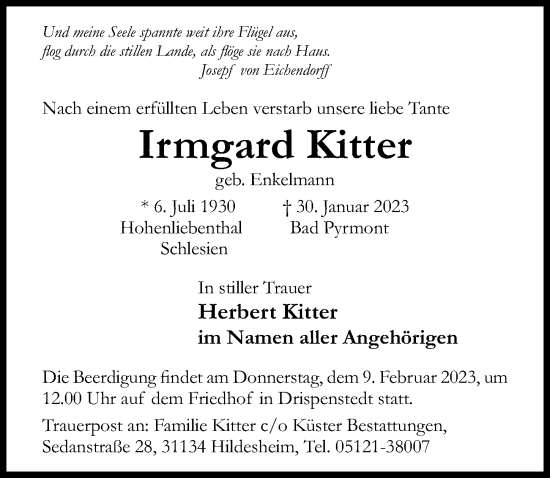 Traueranzeige von Irmgard Kitter von Hildesheimer Allgemeine Zeitung