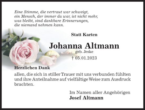 Traueranzeige von Johanna Altmann von Hildesheimer Allgemeine Zeitung