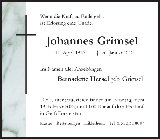 Traueranzeige von Johannes Grimsel von Hildesheimer Allgemeine Zeitung