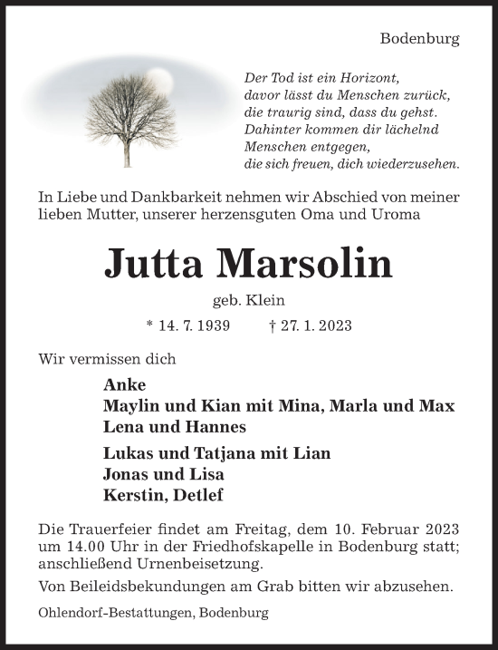 Traueranzeige von Jutta Marsolin von Hildesheimer Allgemeine Zeitung