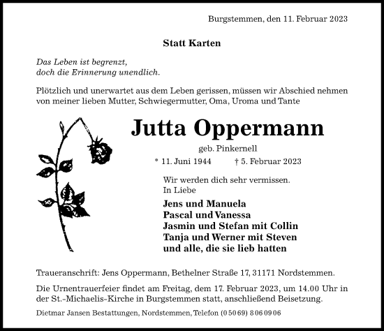 Traueranzeige von Jutta Oppermann von Hildesheimer Allgemeine Zeitung