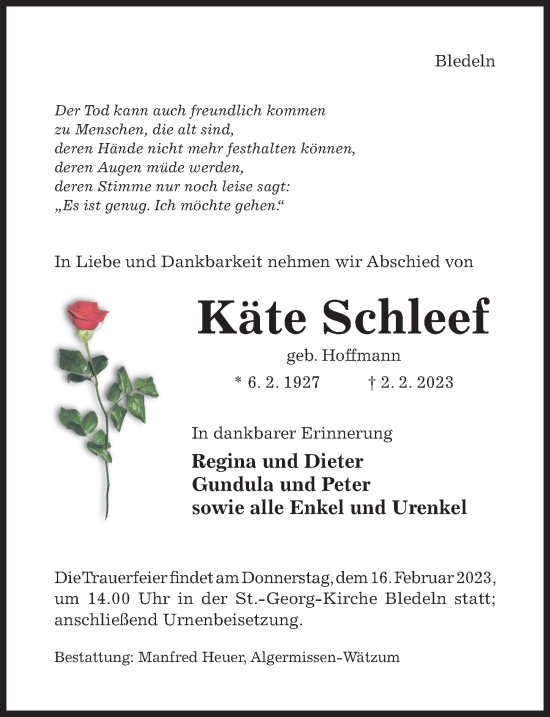 Traueranzeige von Käte Schleef von Hildesheimer Allgemeine Zeitung