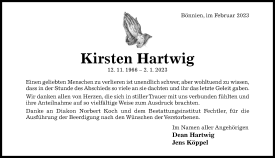 Traueranzeige von Kirsten Hartwig von Hildesheimer Allgemeine Zeitung