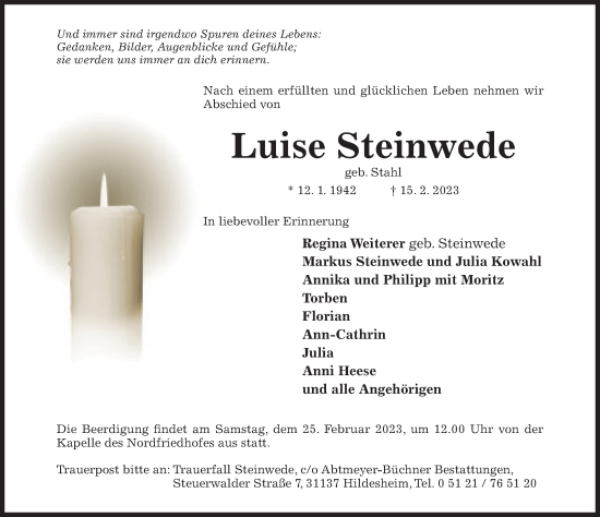 Traueranzeige von Luise Steinwede von Hildesheimer Allgemeine Zeitung