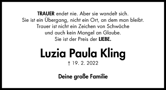 Traueranzeige von Luzia Paula Kling von Hildesheimer Allgemeine Zeitung