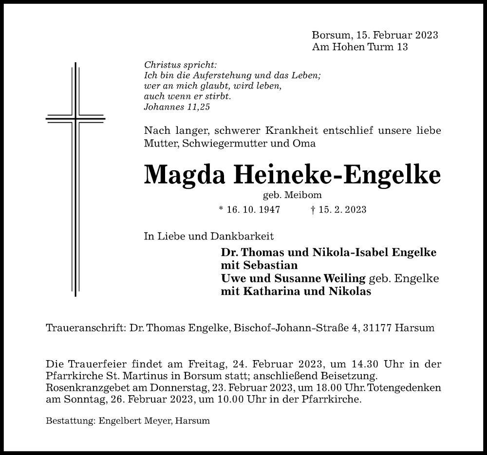  Traueranzeige für Magda Heineke-Engelke vom 18.02.2023 aus Hildesheimer Allgemeine Zeitung
