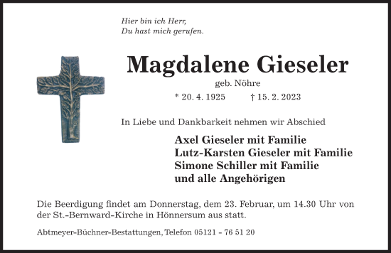 Traueranzeige von Magdalene Gieseler von Hildesheimer Allgemeine Zeitung