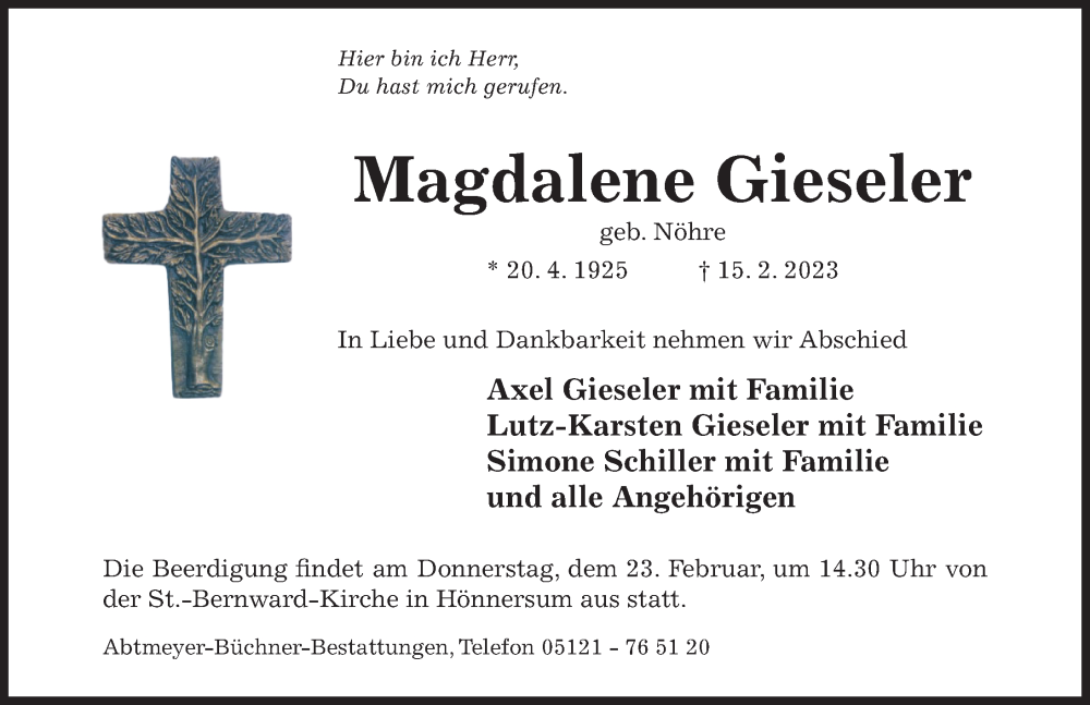  Traueranzeige für Magdalene Gieseler vom 20.02.2023 aus Hildesheimer Allgemeine Zeitung