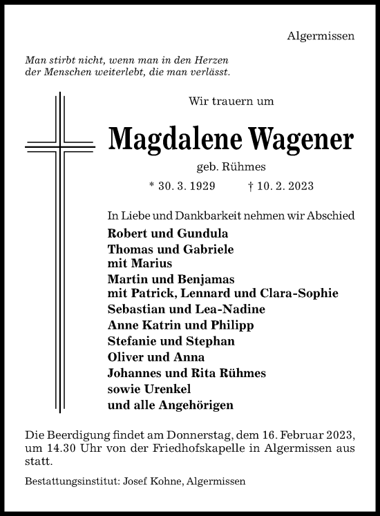 Traueranzeige von Magdalene Wagener von Hildesheimer Allgemeine Zeitung
