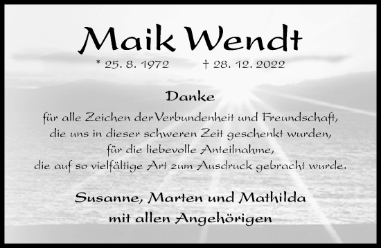 Traueranzeige von Maik Wendt von Hildesheimer Allgemeine Zeitung