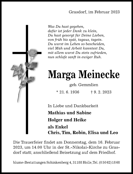 Traueranzeige von Marga Meinecke von Hildesheimer Allgemeine Zeitung