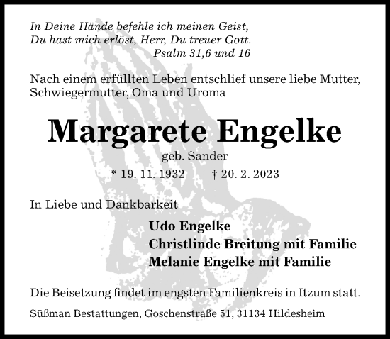 Traueranzeige von Margarete Engelke von Hildesheimer Allgemeine Zeitung