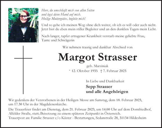 Traueranzeige von Margot Strasser von Hildesheimer Allgemeine Zeitung