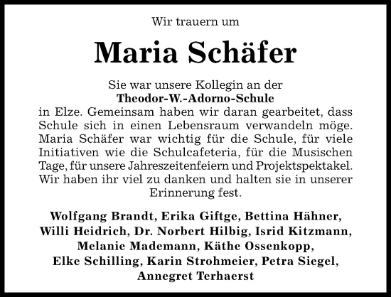 Traueranzeige von Maria Schäfer von Hildesheimer Allgemeine Zeitung