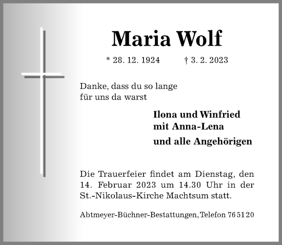 Traueranzeige von Maria Wolf von Hildesheimer Allgemeine Zeitung