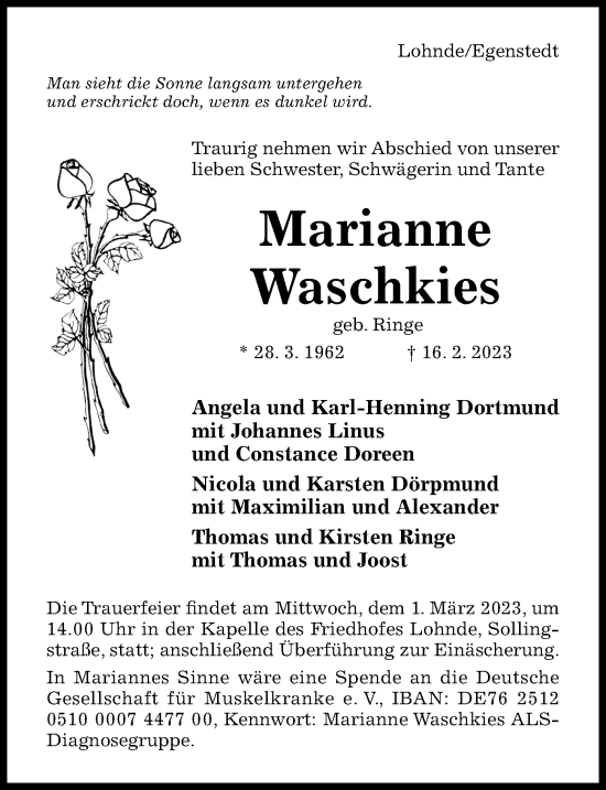 Traueranzeige von Marianne Waschkies von Hildesheimer Allgemeine Zeitung