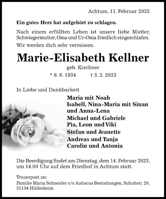 Traueranzeige von Marie-Elisabeth Kellner von Hildesheimer Allgemeine Zeitung