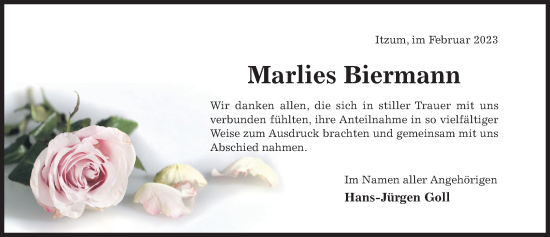 Traueranzeige von Marlies Biermann von Hildesheimer Allgemeine Zeitung