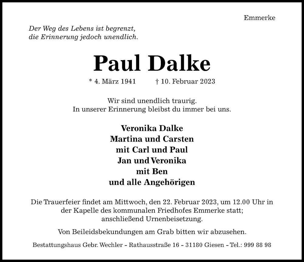  Traueranzeige für Paul Dalke vom 15.02.2023 aus Hildesheimer Allgemeine Zeitung