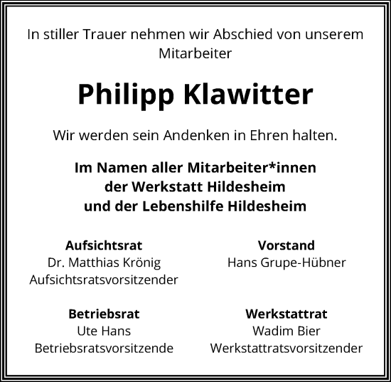 Traueranzeige von Philipp Klawitter von Hildesheimer Allgemeine Zeitung