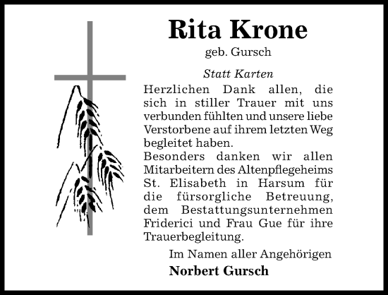 Traueranzeige von Rita Krone von Hildesheimer Allgemeine Zeitung